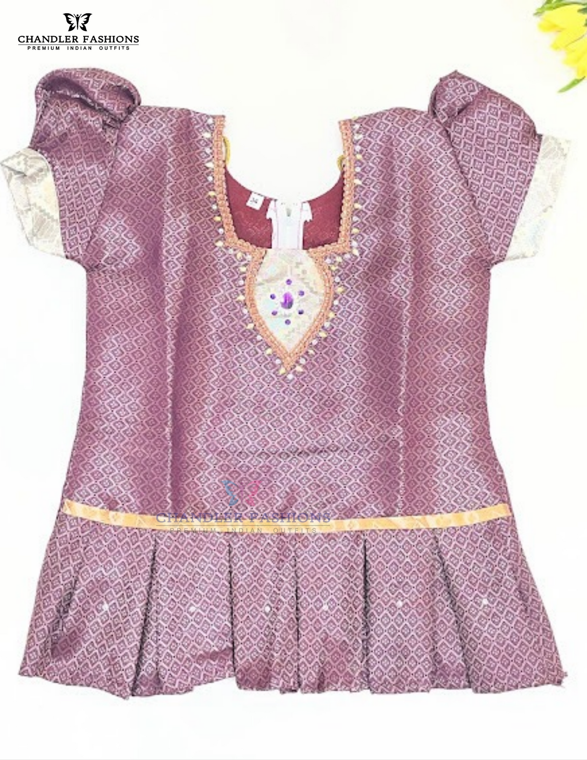 Purple And Cream Color Art Silk Langa Set With Zari Work In Mesa