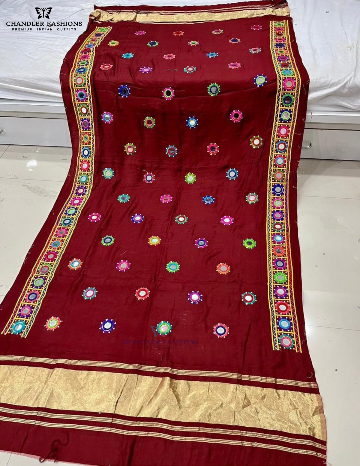 Attractive Marron Color Silk With Printed And Mirror Work Dupatta For Women