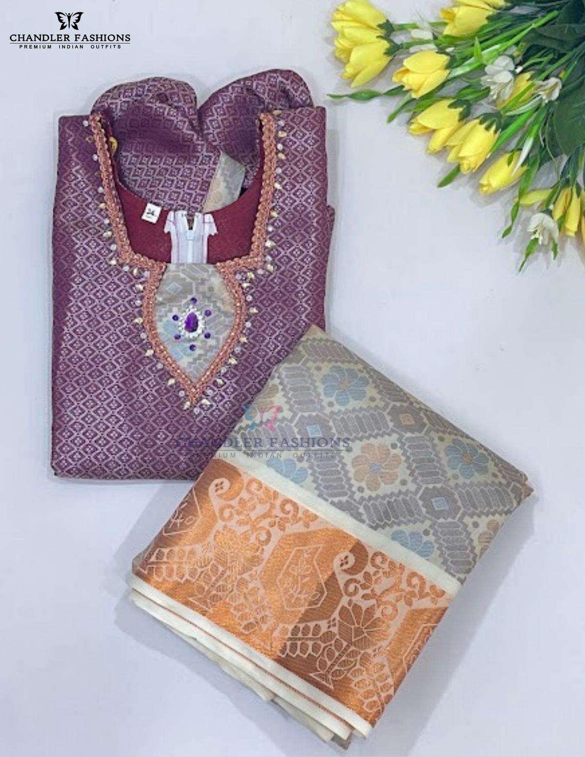 Wonderful Purple And Cream Color Art Silk Langa Set With Stone And Zari Work Near Me