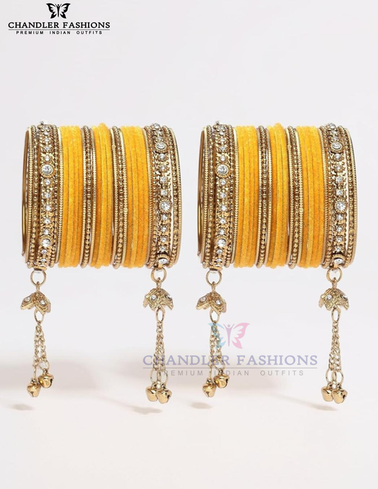 Charming Yellow Color Jhumka With Stones And Beads Design Metal Bangles For Women