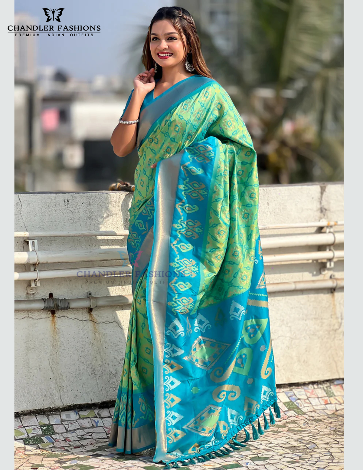 Attractive Green And Blue Ethnic Motifs Woven Design Zari Handloom Patola Saree Near Me
