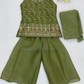 Alluring Olive Green Color Chiffon Palazzo Suits With Embroidery And Sequins Work For Kids Girls
