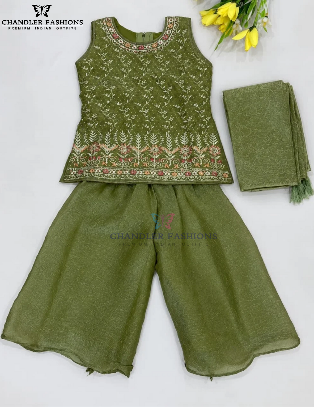 Alluring Olive Green Color Chiffon Palazzo Suits With Embroidery And Sequins Work For Kids Girls