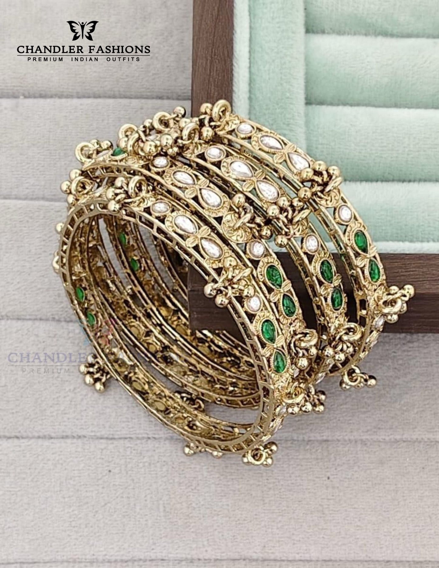 Elegant White And Green Color Stone Gold Plated Bangles Set For Women
