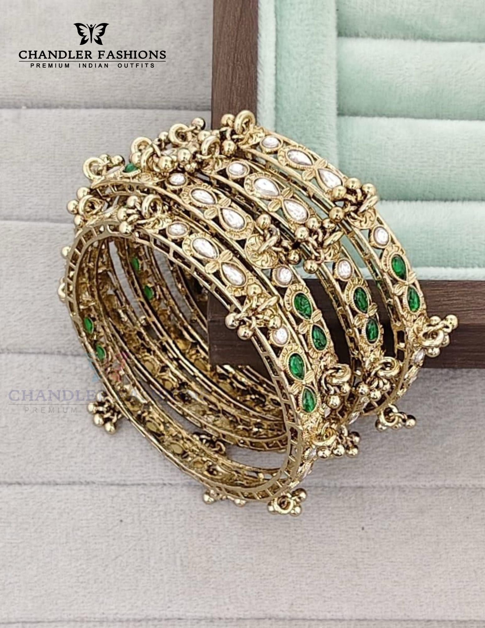 Elegant White And Green Color Stone Gold Plated Bangles Set For Women