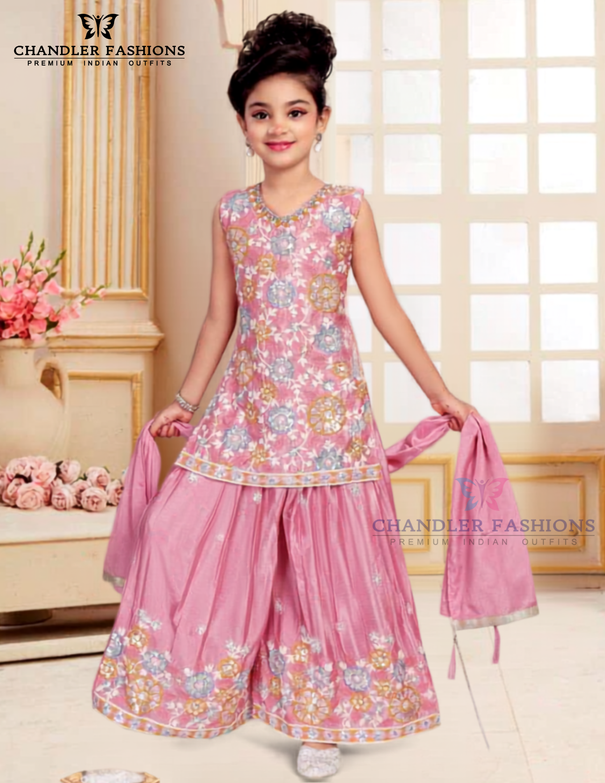 Amazing Baby Pink Color Floral Embroidered With Sharara Suits For Girls