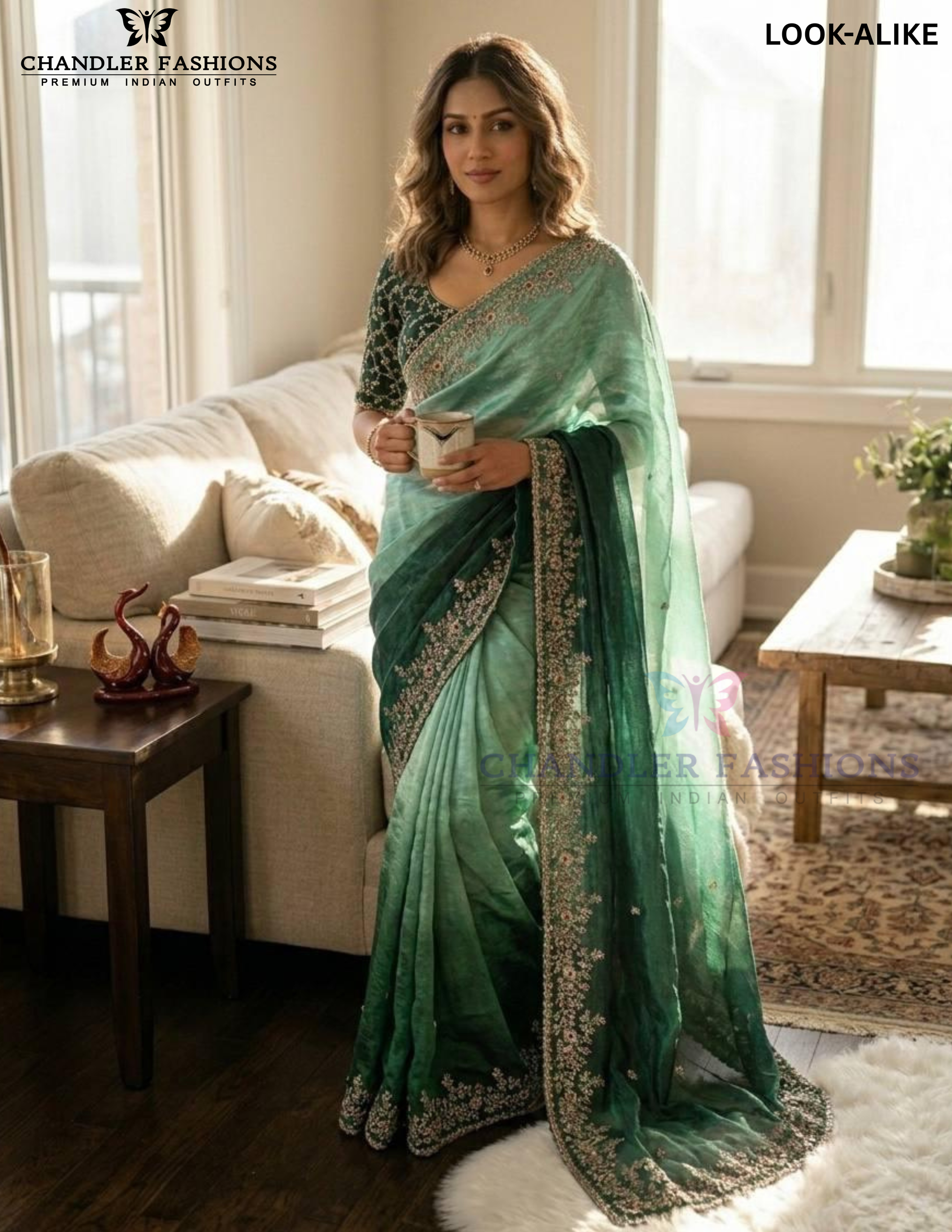Fantastic Teal Green Color Fendy Chiffon With Embroidery And Sequins Work Saree