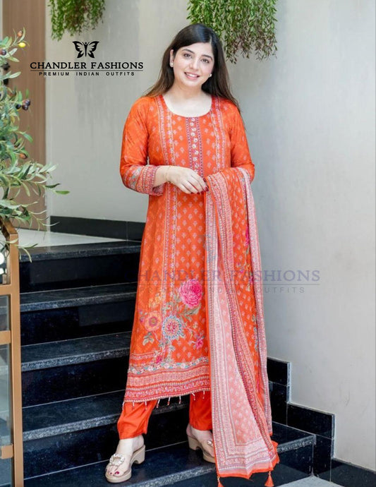 Fanciable Orange Color Chinon With Embroidery And Mirror Work Kurti Suits For Women