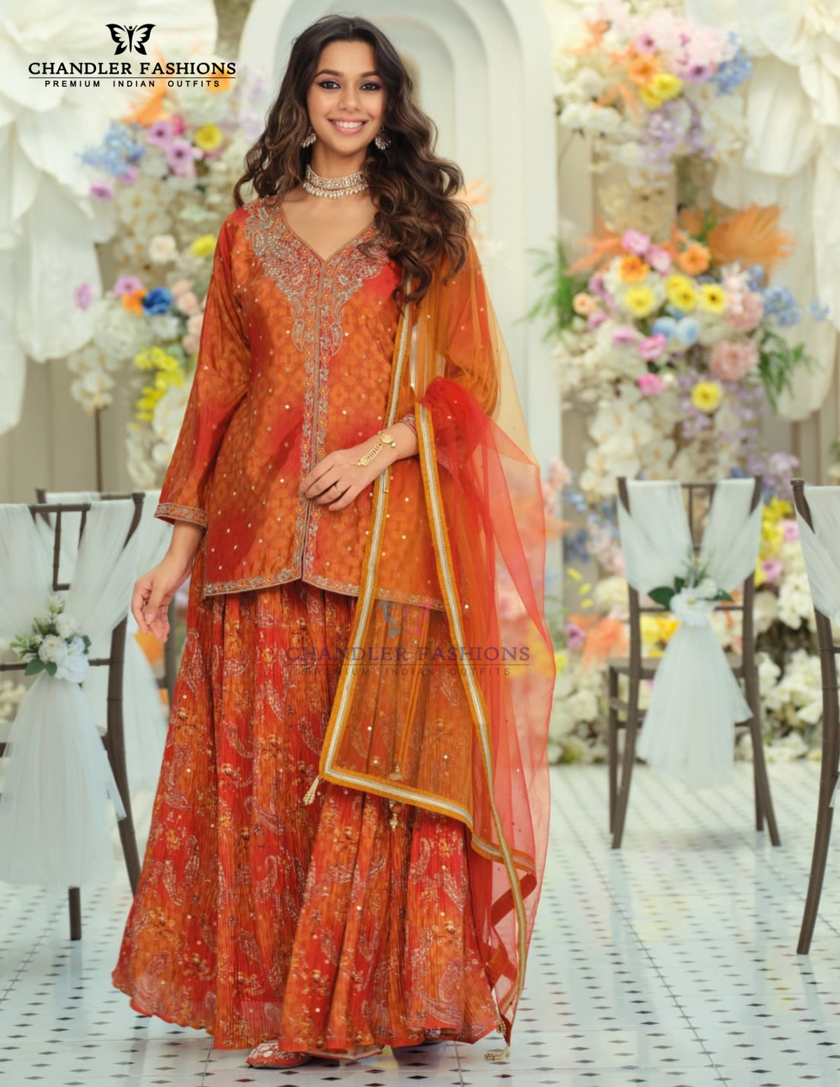 Orange Color Chinon With Digital Print And Embroidery Work Palazzo Suit Near Me