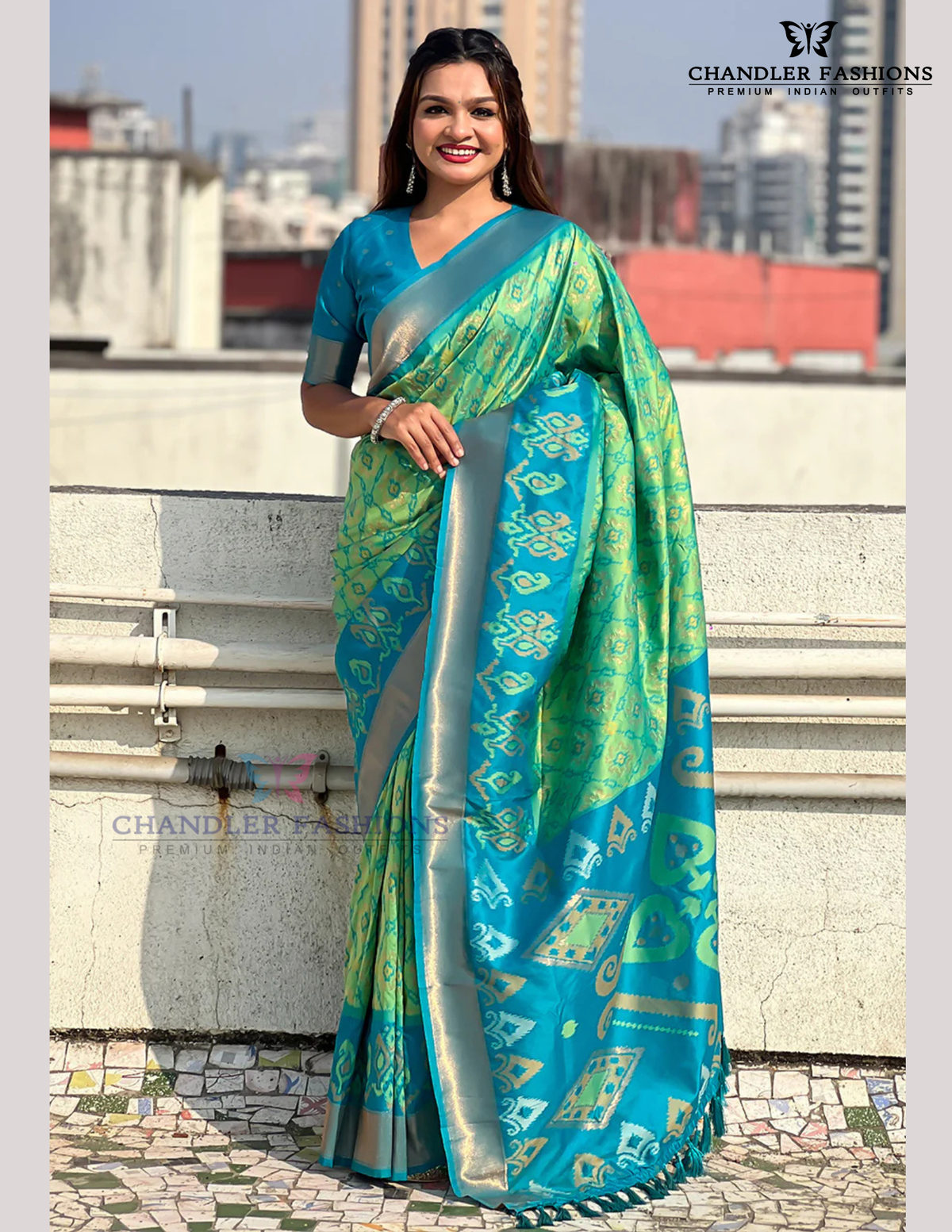 Attractive Green And Blue Ethnic Motifs Woven Design Zari Handloom Patola Saree For Women