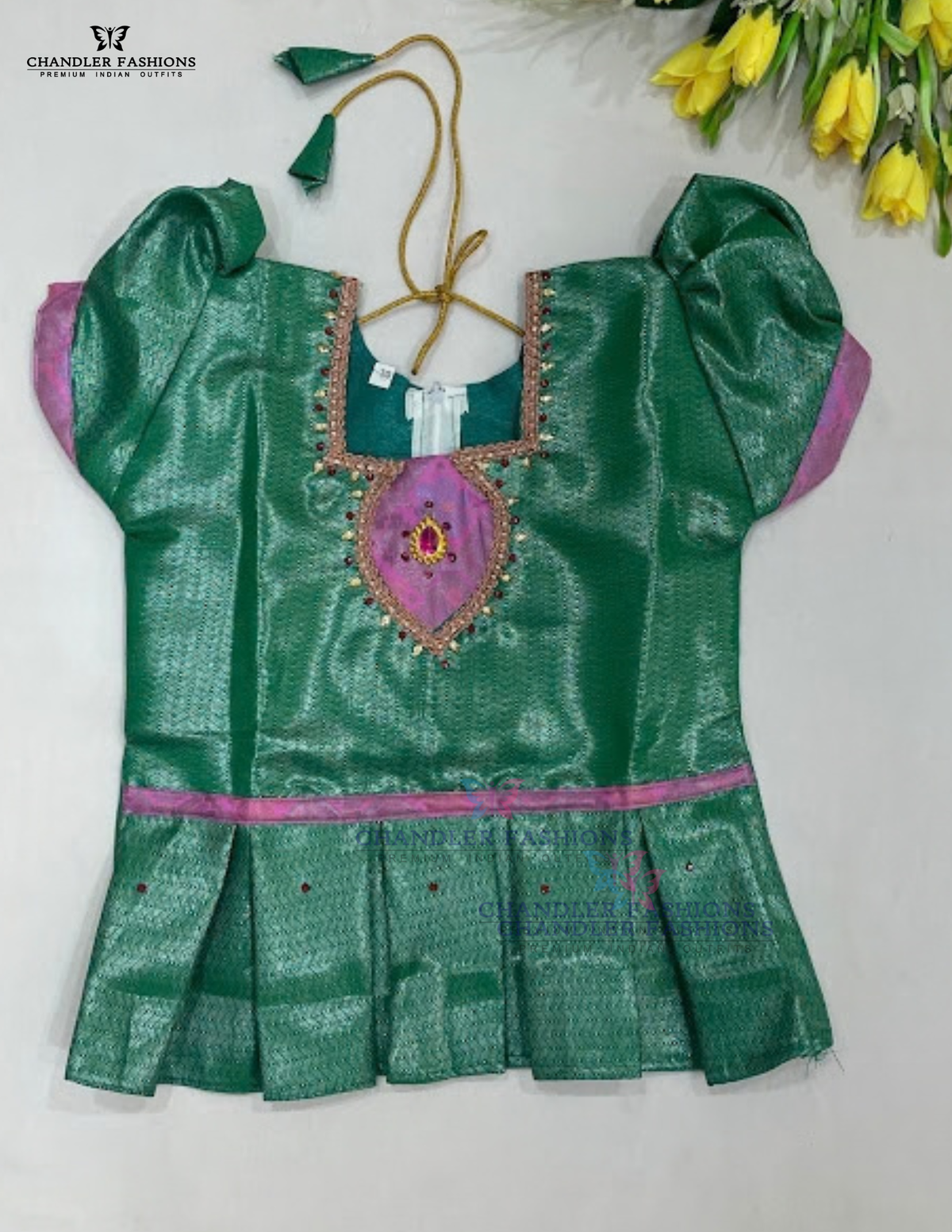 Green And Pink Color Langa Set With Designer Zari Work In Douglas