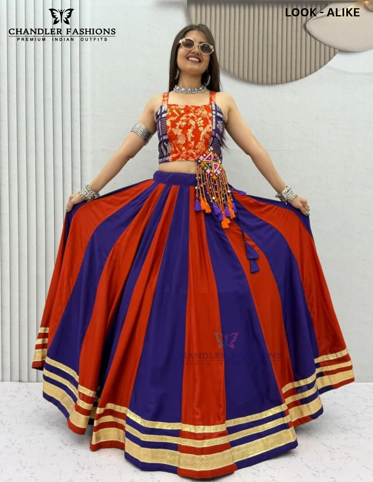 Orange And Blue Color Cotton With Gamthi Work Chaniya Choli In USA