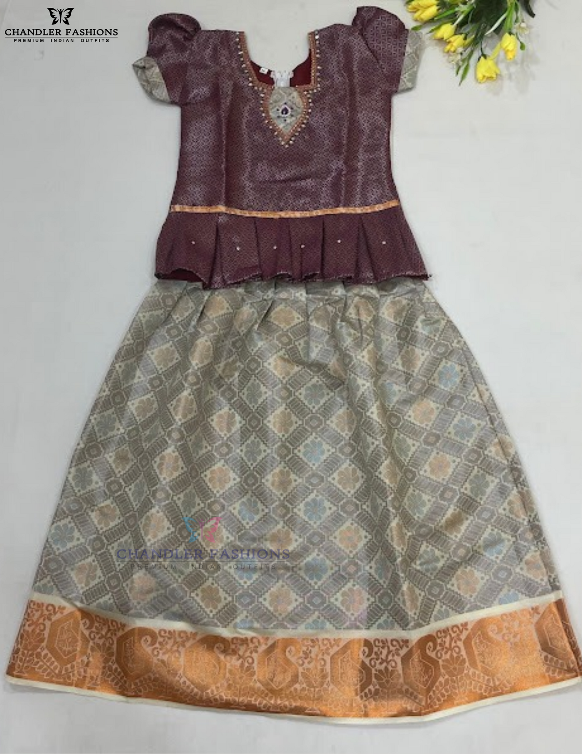 Wonderful Purple And Cream Color Art Silk Langa Set With Stone And Zari Work For Girls