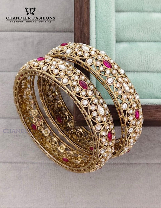 Stunning White And Pink Color Stone Gold Plated Bangles Set For Women