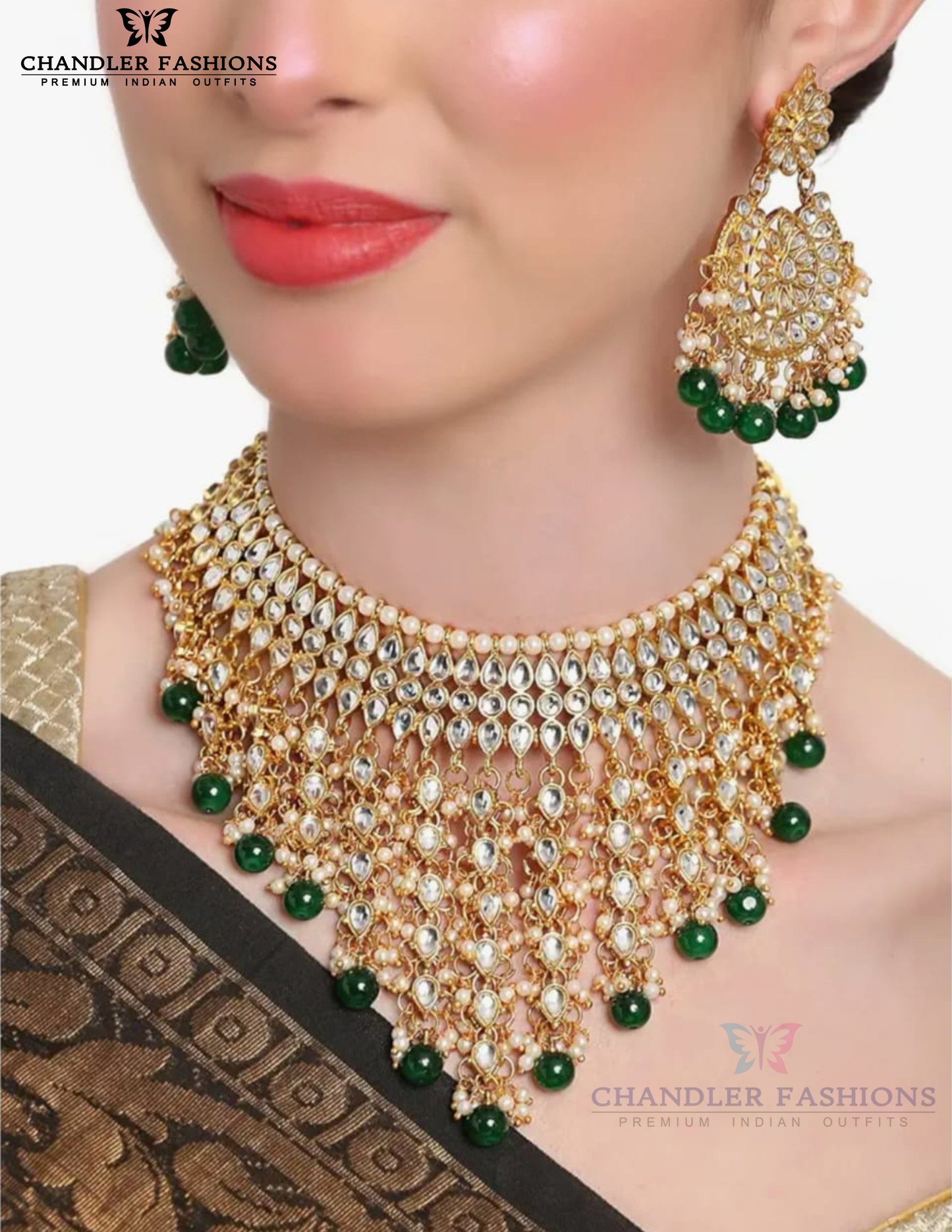 Green And White Stones With Gold Plated Choker And Earrings Near Me