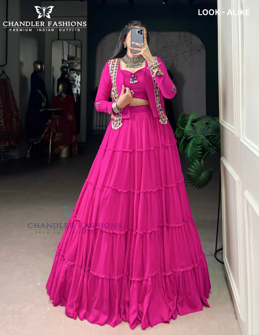 Amazing Pure Rayon Pink Color And Multi Colored Thread Work Navratri Lehenga Choli For Women