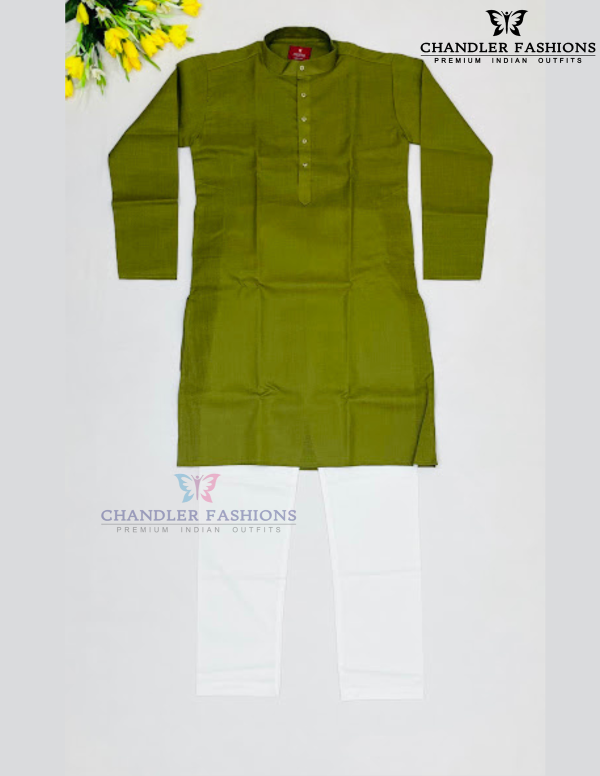 Attractive Olive Green Color Cotton Kurta Set For Boys