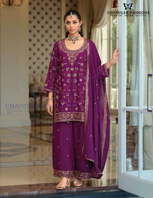 Captivating Purple Color Chinon With Sequins And Embroidery Work Palazzo Suits With Dupatta