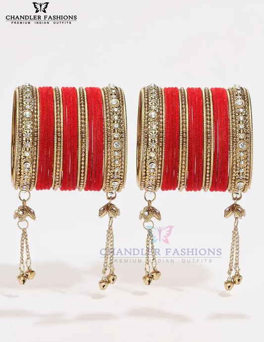 Dazzling Red Color Jhumka With Stones And Beads Design Metal Bangles For Women
