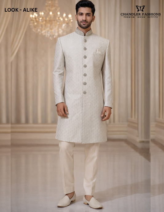 Marvelous Gray Color Silk With Hand Embroidery Work Sherwani Suits For Men - PREMIUM QUALITY