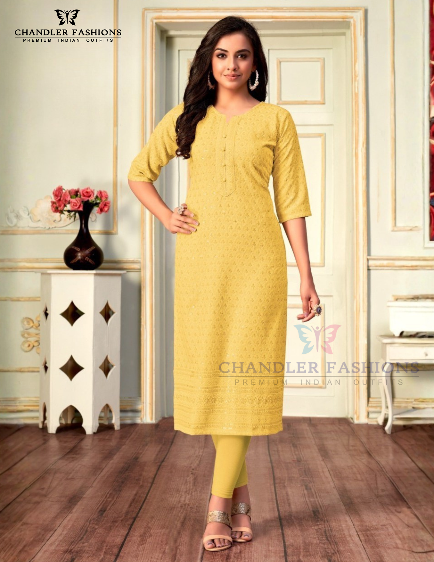 Stunning Yellow Color Rayon With Chikankari Work Kurti For Women