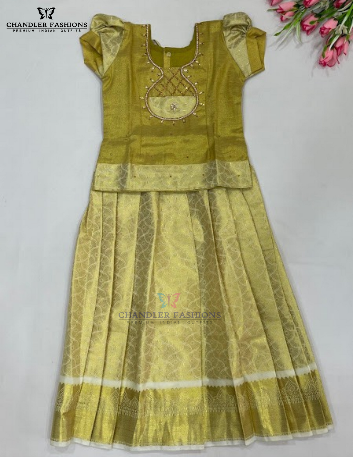 Sttunning Gold Color Art Silk Langa Set With Zari Work For Girls