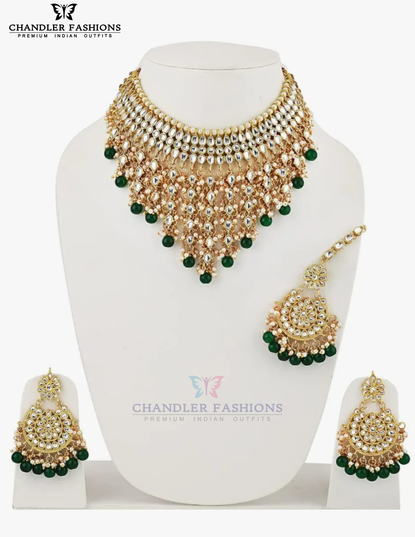Attractive Green And White Stones With Gold Plated Choker Maang Tikka And Earrings