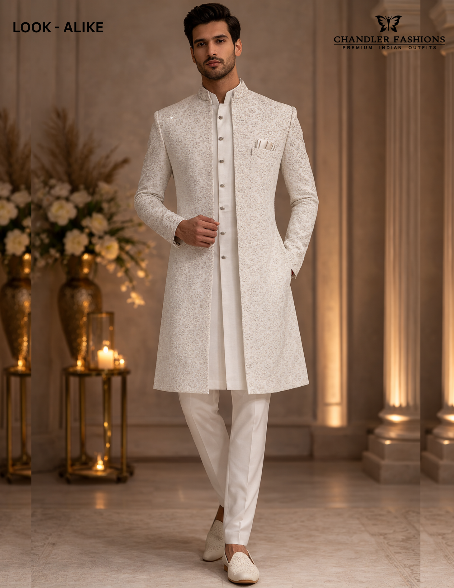 Magnificent Cream Color Silk With Sequins And Embroidery Work Sherwani Suits For Men - PREMIUM QUALITY