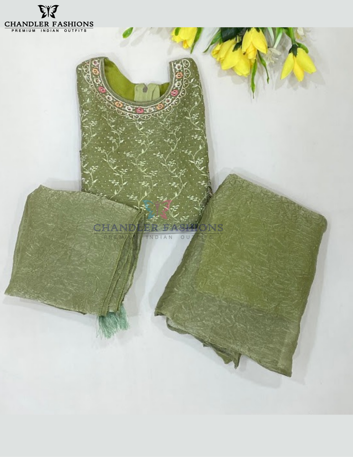 Olive Green Color Chiffon Palazzo Suits With Embroidery And Sequins Work Near Me