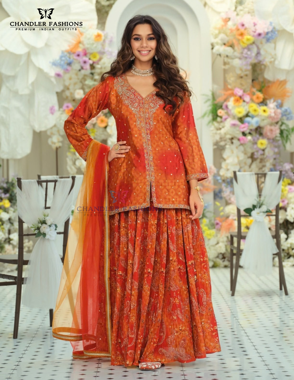 Beautiful Orange Color Chinon With Digital Print And Embroidery Work Palazzo Suit For Women