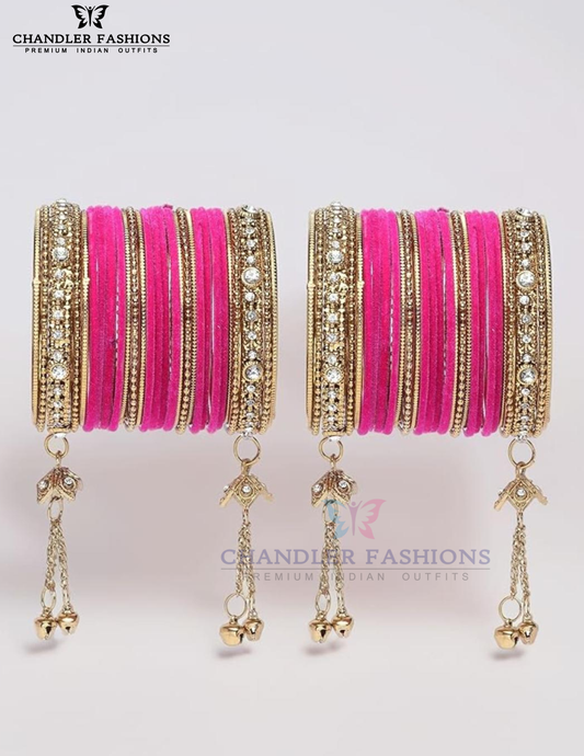 Pleasing Pink Color Jhumka With Stones And Beads Design Metal Bangles For Women
