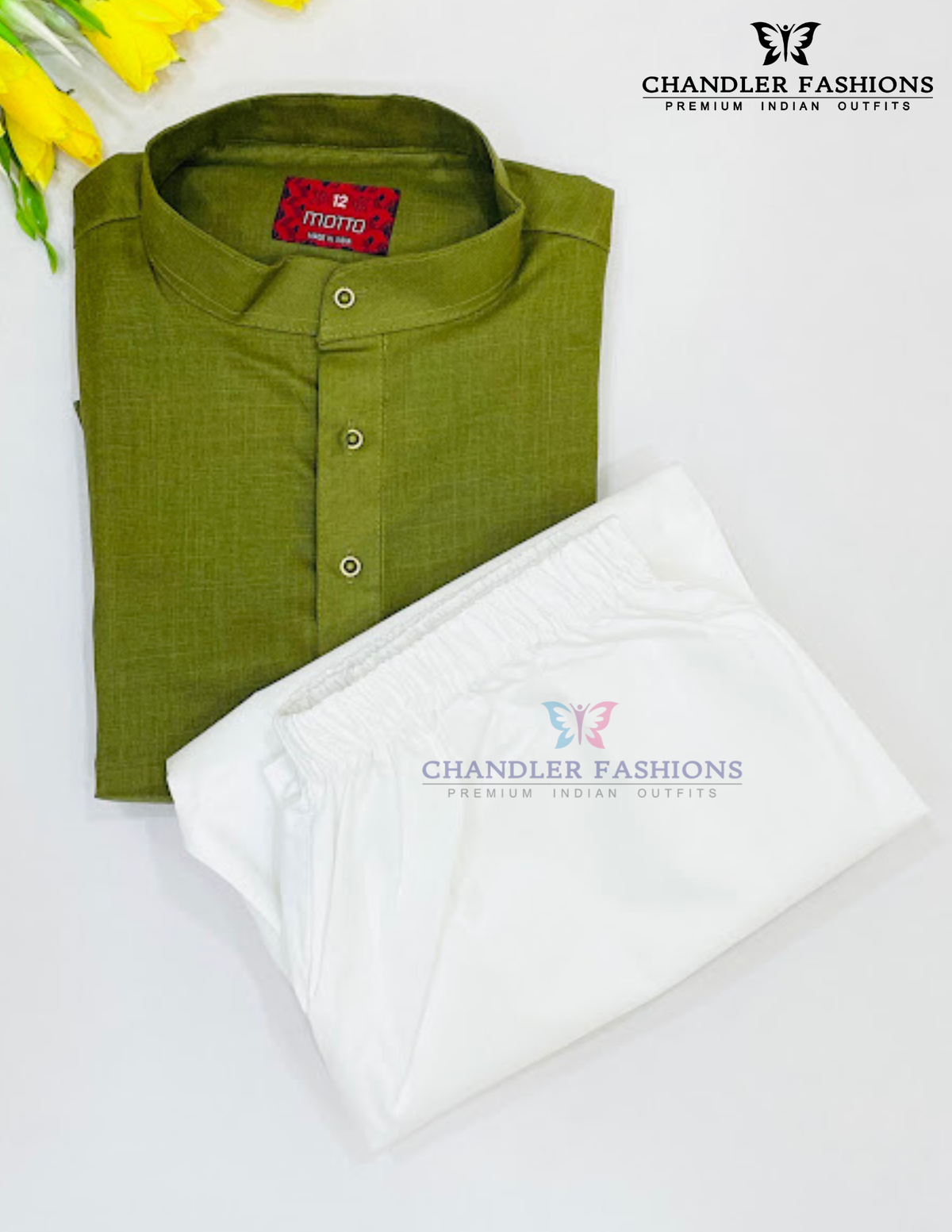Olive Green Color Cotton Kurta Set Near Me