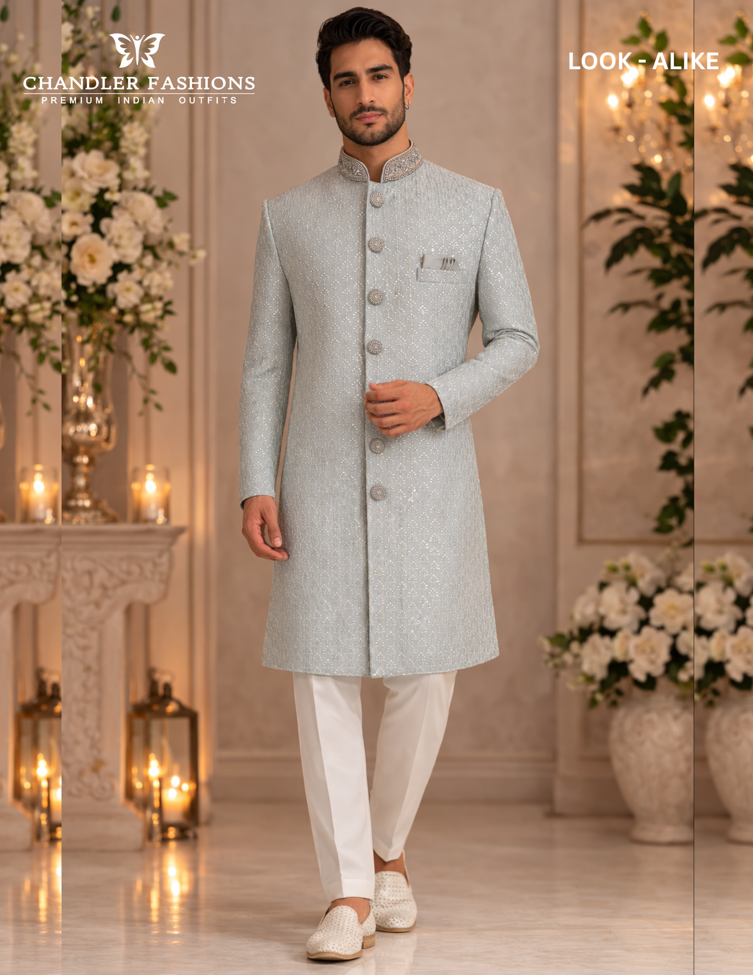 Splendid Mint Green Color Silk With Hand Embroidery Work Sherwani Suits For Men - PREMIUM QUALITY