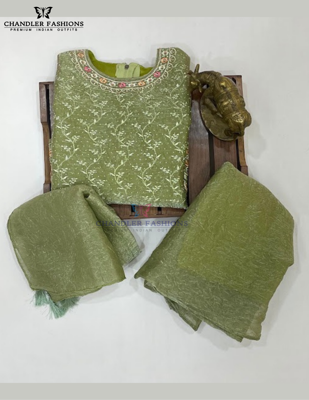 Olive Green Color Chiffon Palazzo Suits With Sequins Work In USA