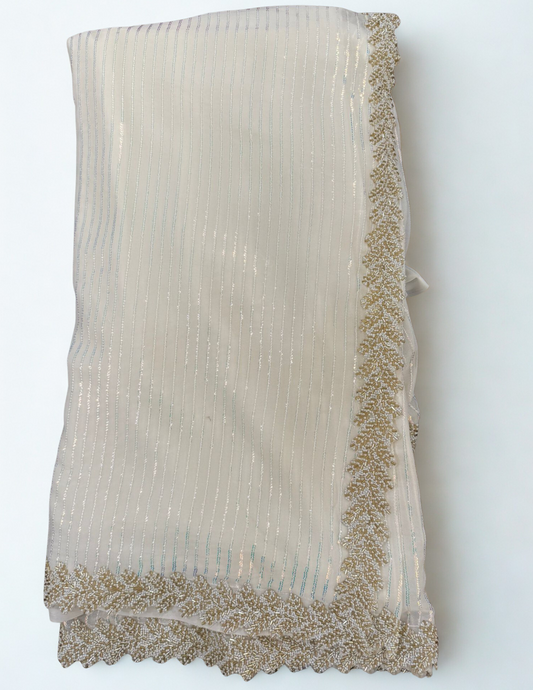 Charming White Color Soft Georgette Sequins With Beaded Lace Border Fancy Saree - PREMIUM QUALITY