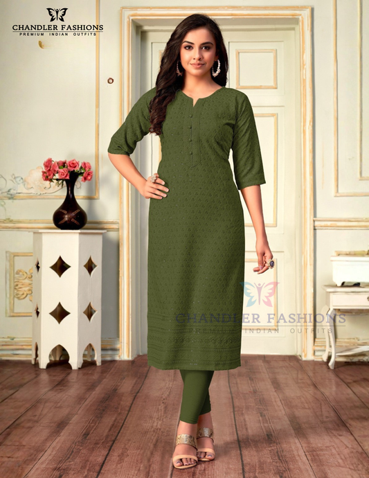 Appealing Olive Green Color Rayon With Chikankari Work Kurti For Women