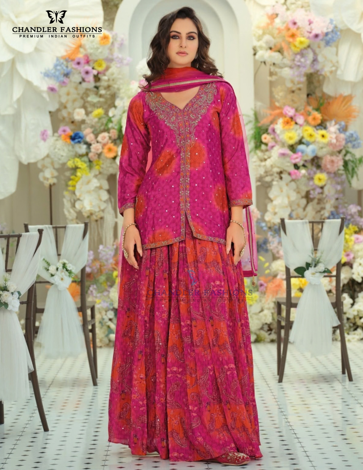 Pink Color Chinon With Digital Print And Embroidery Work Palazzo Suits Near Me