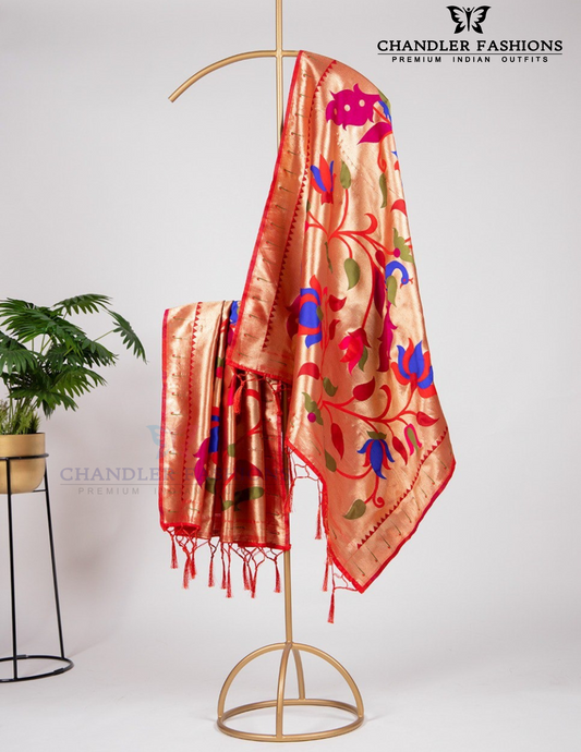 Beautiful Orange Colored Weaving Zari Work With Tassels Jacquard Dupatta
