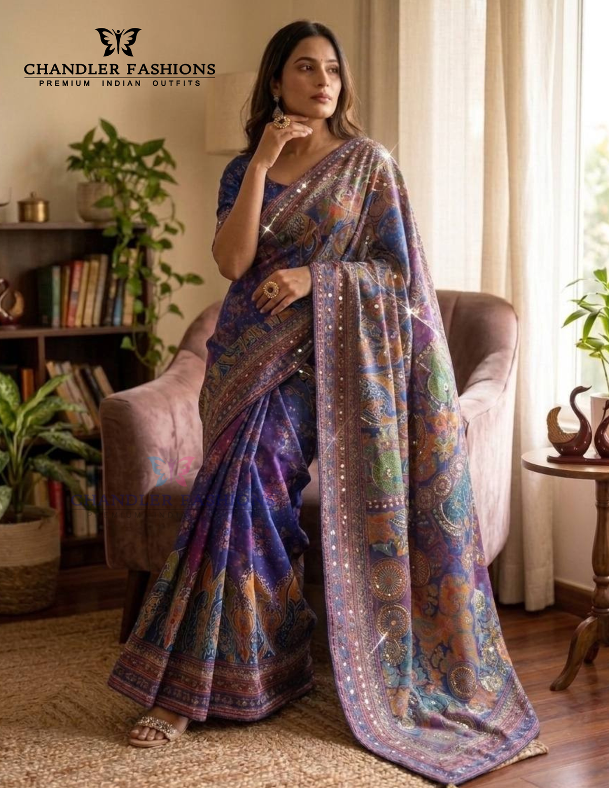 Stunning Blue Color Chinon Silk Saree Printed And Gold Zari And Mirror Work Near Me