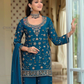 Teal Blue Color Chinon Palazzo Suits With Dupatta Near Me