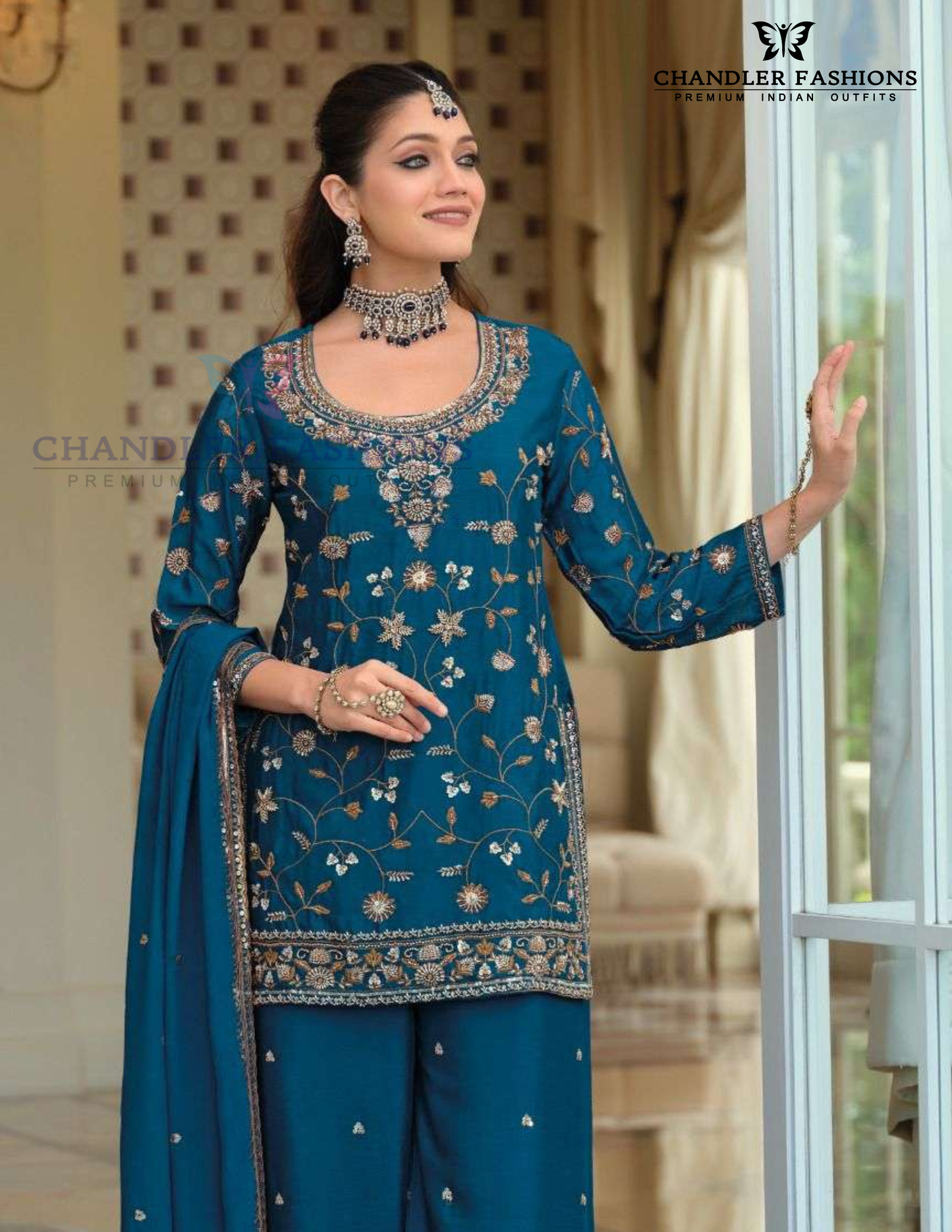 Teal Blue Color Chinon Palazzo Suits With Dupatta Near Me