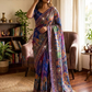 Stunning Blue Color Chinon Silk Saree Printed And Gold Zari And Mirror Work For Women 