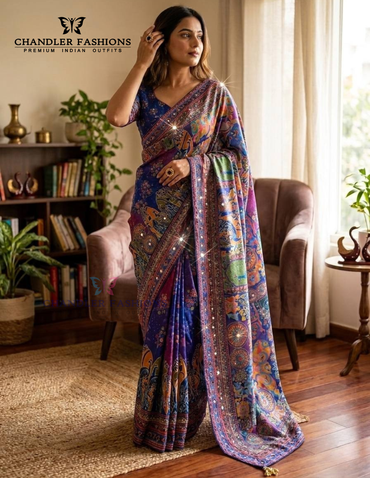 Stunning Blue Color Chinon Silk Saree Printed And Gold Zari And Mirror Work For Women 