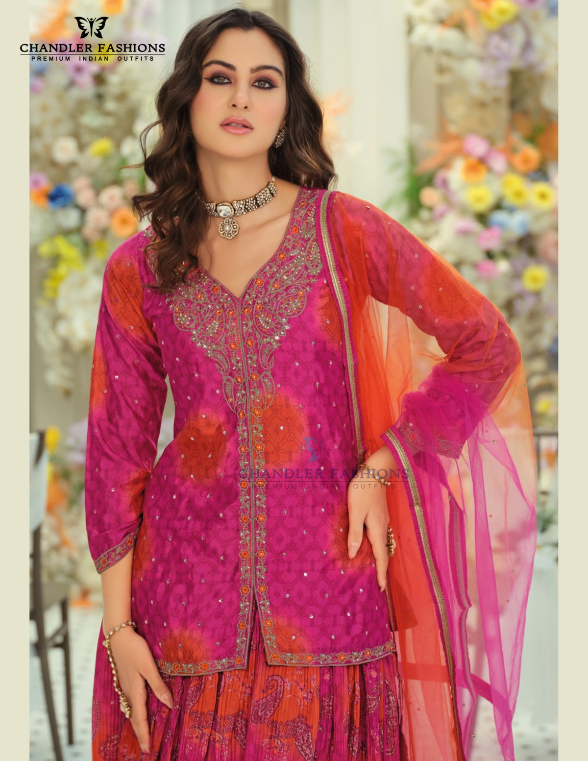 Pink Color Embroidery Work Palazzo Suits In Yuma