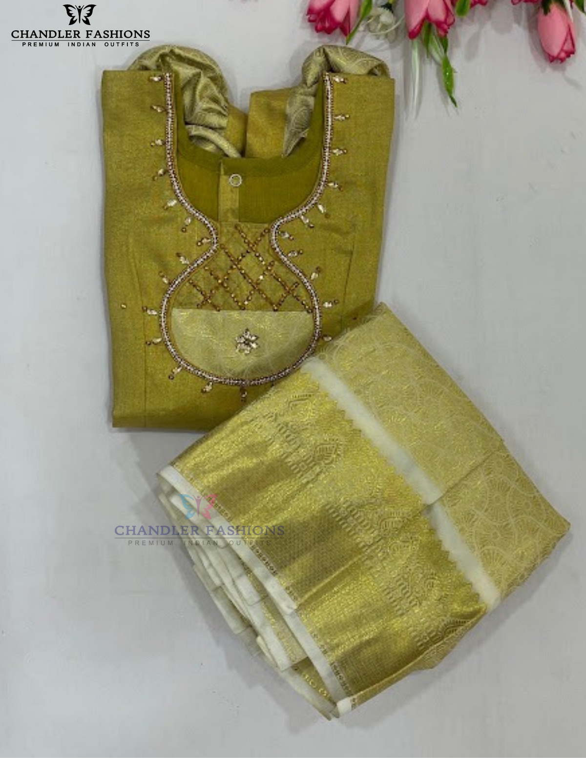 Sttunning Gold Color Art Silk Langa Set With Zari Work Near Me