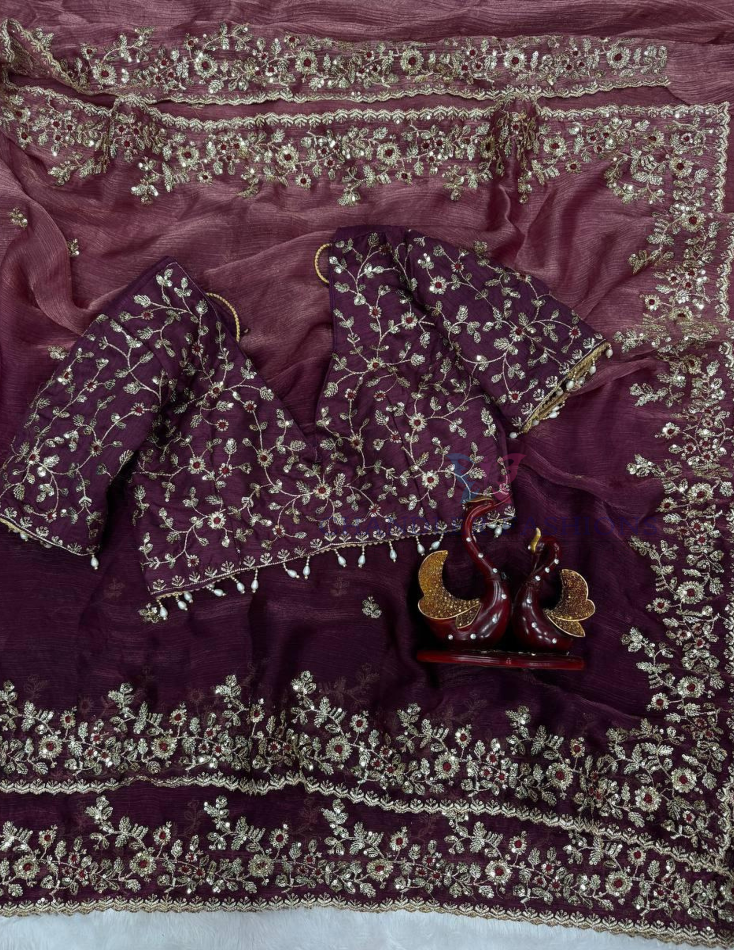 Purple Color Embroidery And Sequins Work Saree In USA