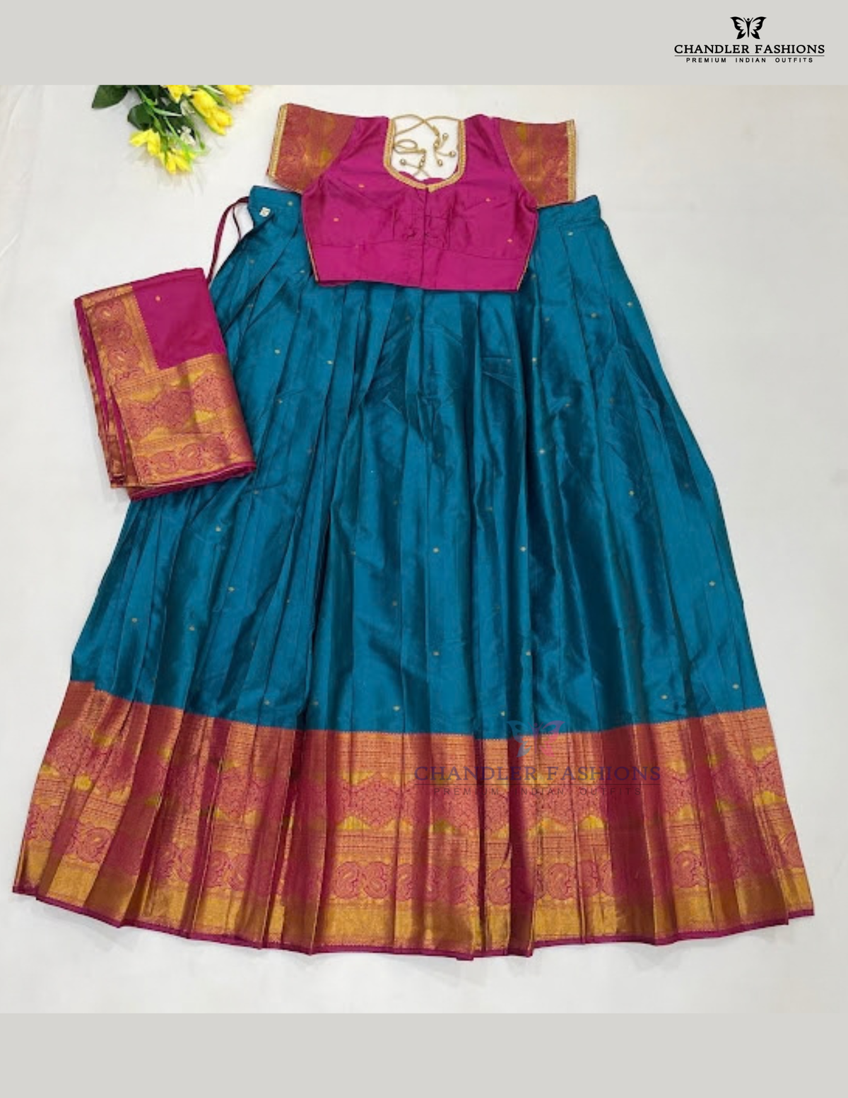 Alluring Dark Pink And Green Color Soft Silk Half Saree Set For Girls