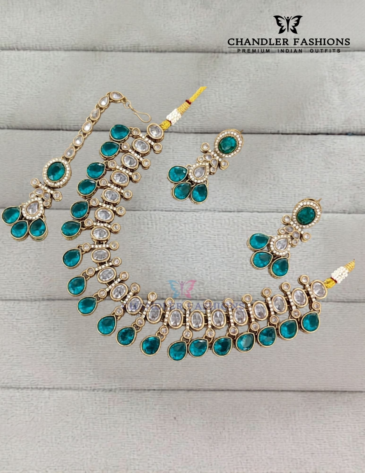 Beautiful Gold plated Green Color Kundan Necklace With Earrings And Maang Tikka Near Me