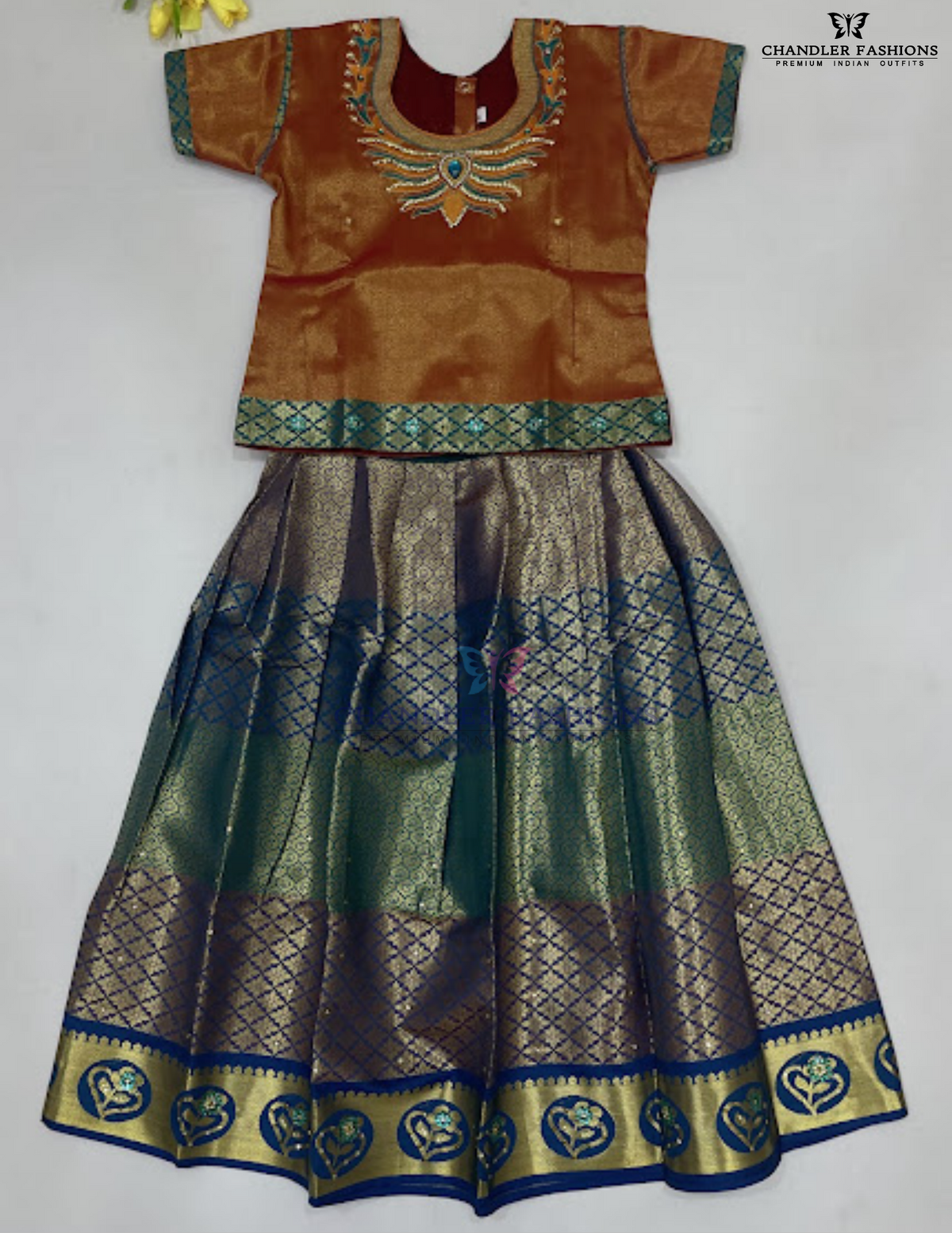 Wonderful Orange And Green Color Art Silk Langa Set With Stone And Zari Work For Girls