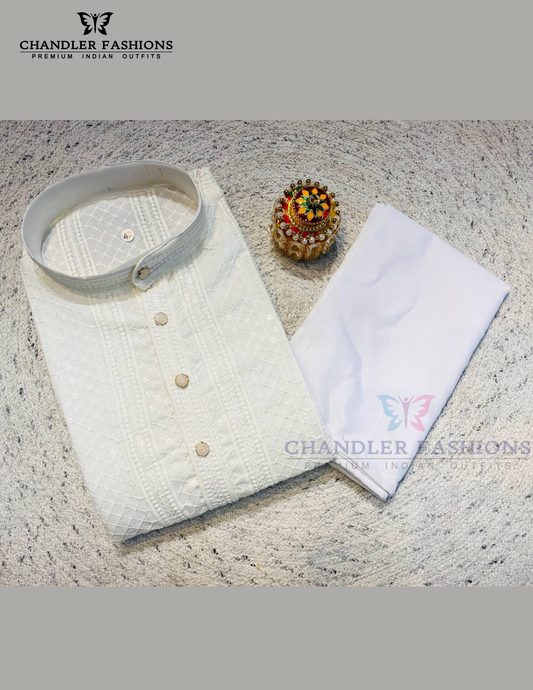 Appealing White Color Rayon With Chikankari Work Kurta Suits For Men
